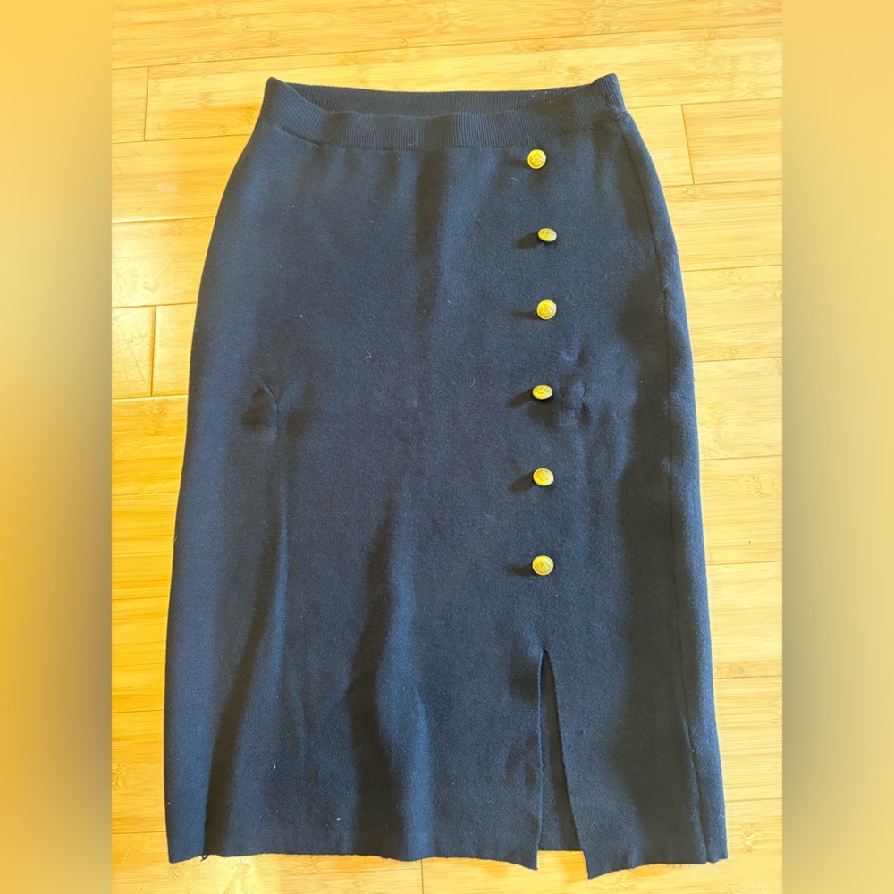 Kate Kasin Black Skirt with Gold Button Accents